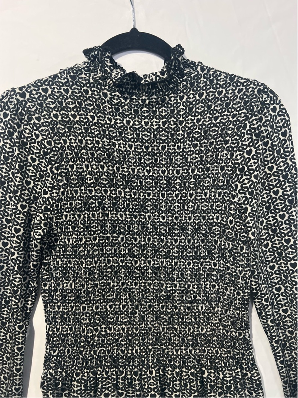 Sandro Blouse Women’s Size 0 Black Monogram Print Mockneck Smocked Top - Picture 6 of 16